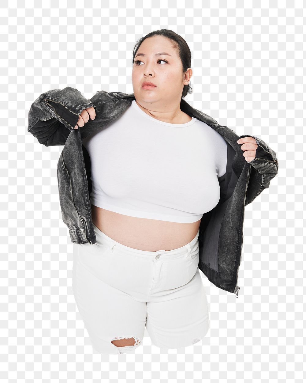 Png woman white t-shirt and jacket, plus-size fashion, transparent background