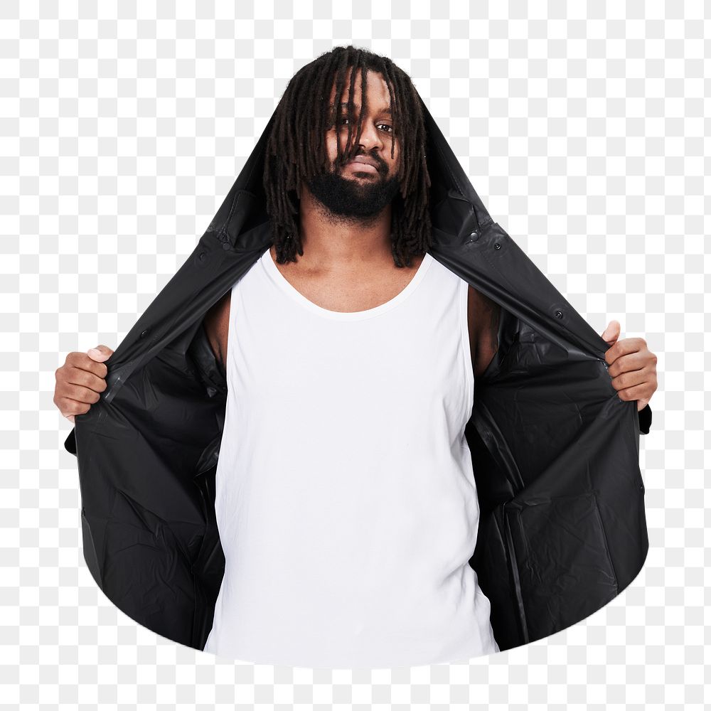 Black raincoat png, men's fashion, transparent background