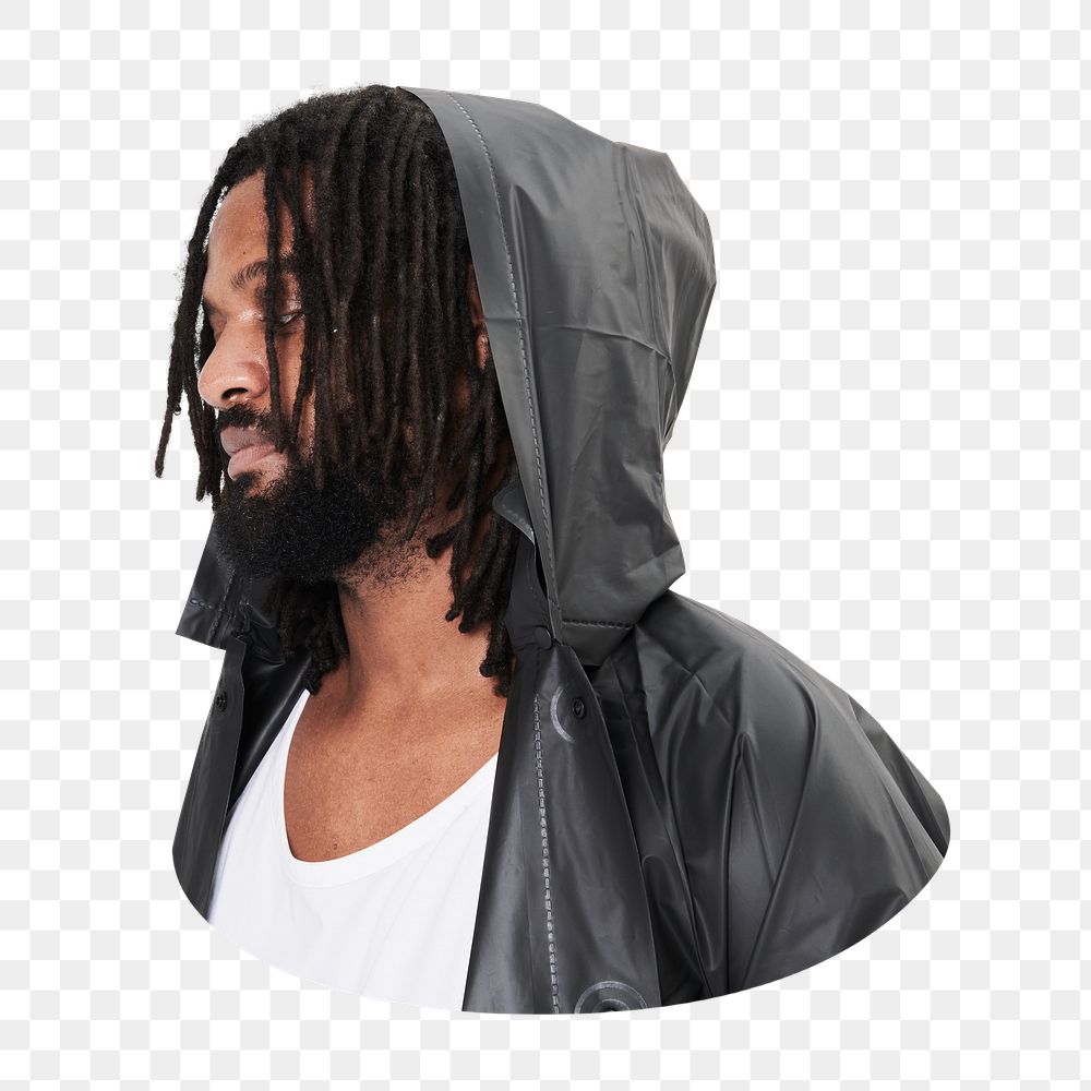 Black raincoat png, men's fashion, close up, transparent background