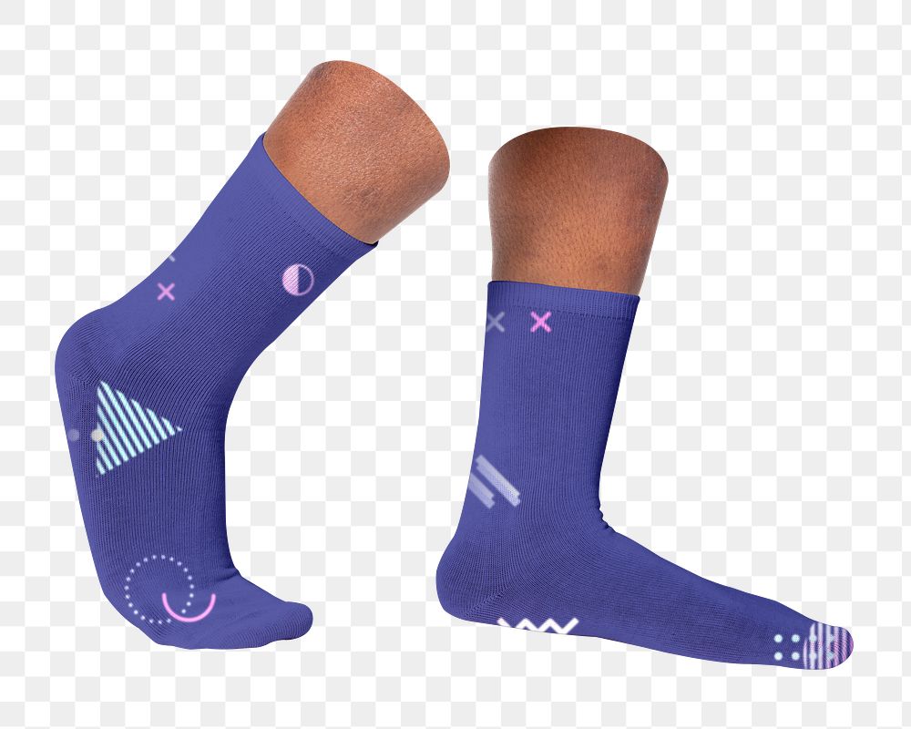 Png blue socks with abstract pattern, 90s geometric patterns, transparent background