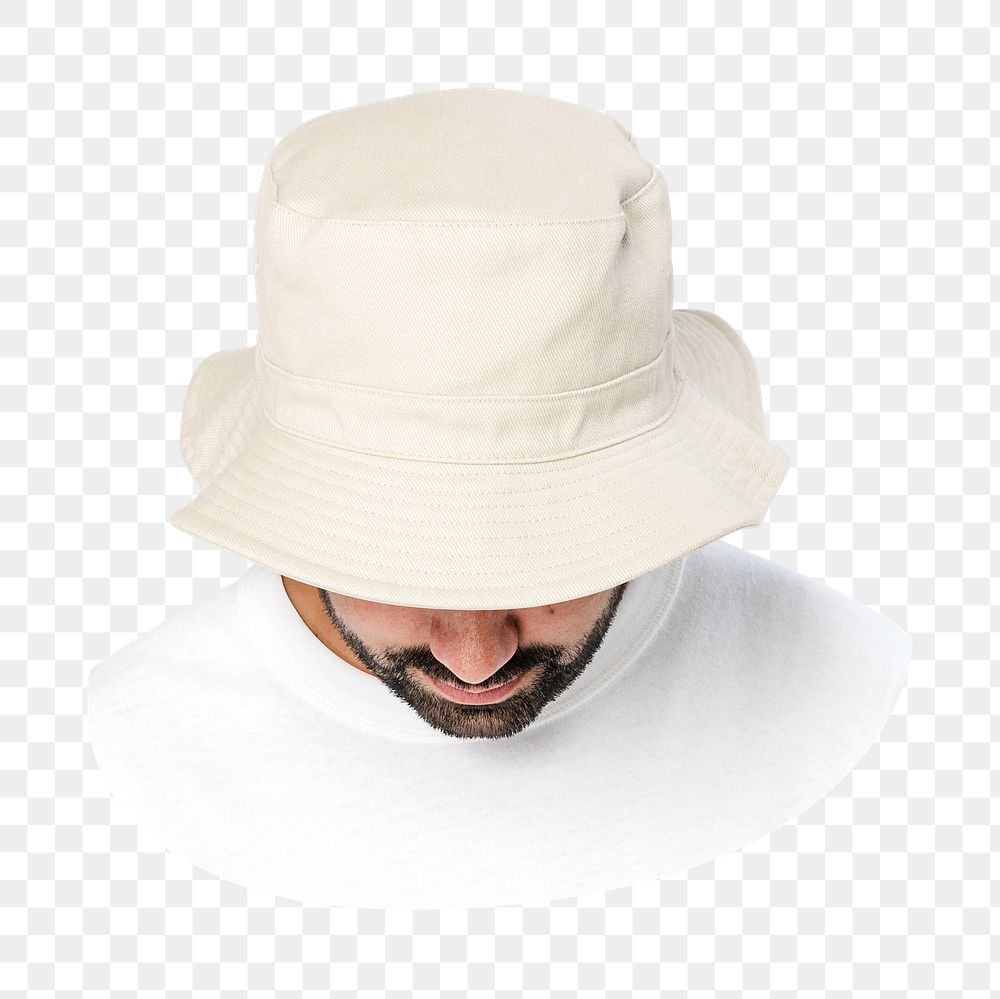 Png man in white bucket hat, basic wear, transparent background