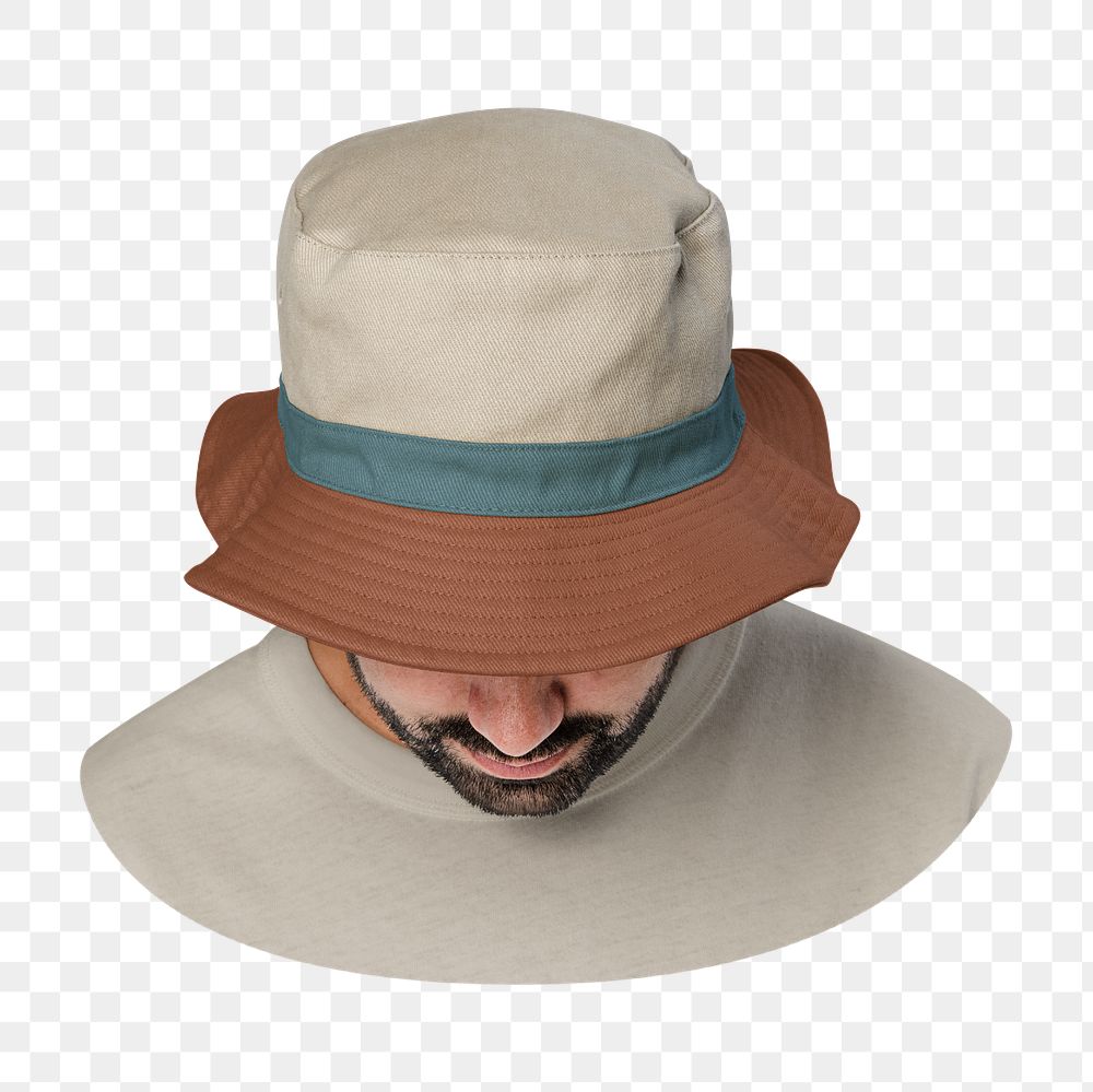 Png man in beige bucket hat, brown brim, transparent background