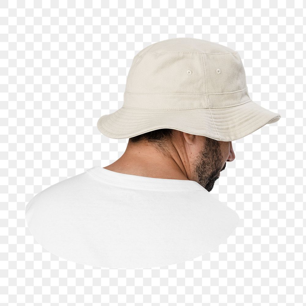 Png man in white bucket hat, basic wear, rear view, transparent background