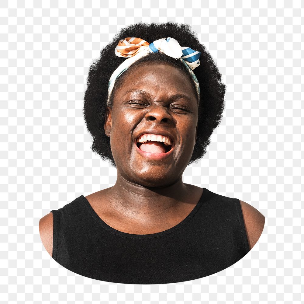 Png African American woman in headband, happy face, transparent background