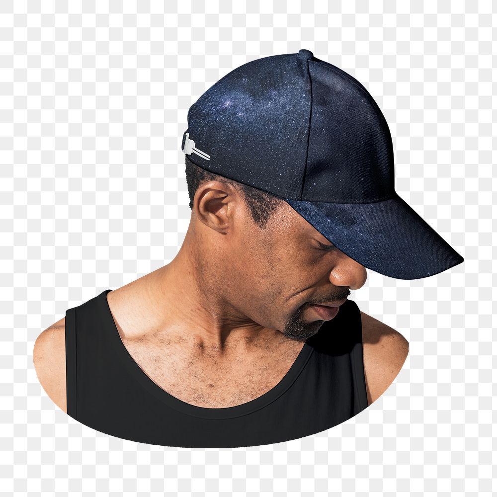 Png navy cap and black tank top, African American model, transparent background