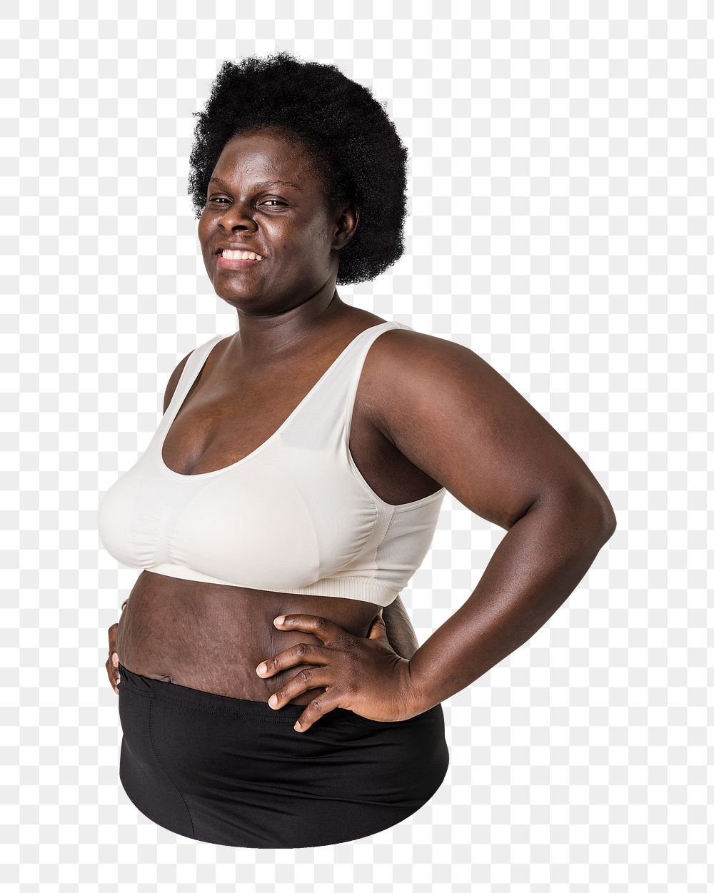 Png woman in bra, African American model, plus size fashion, transparent background