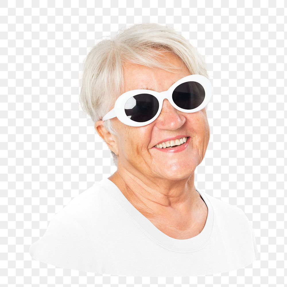 PNG happy senior woman wearing sunglasses, collage element, transparent background