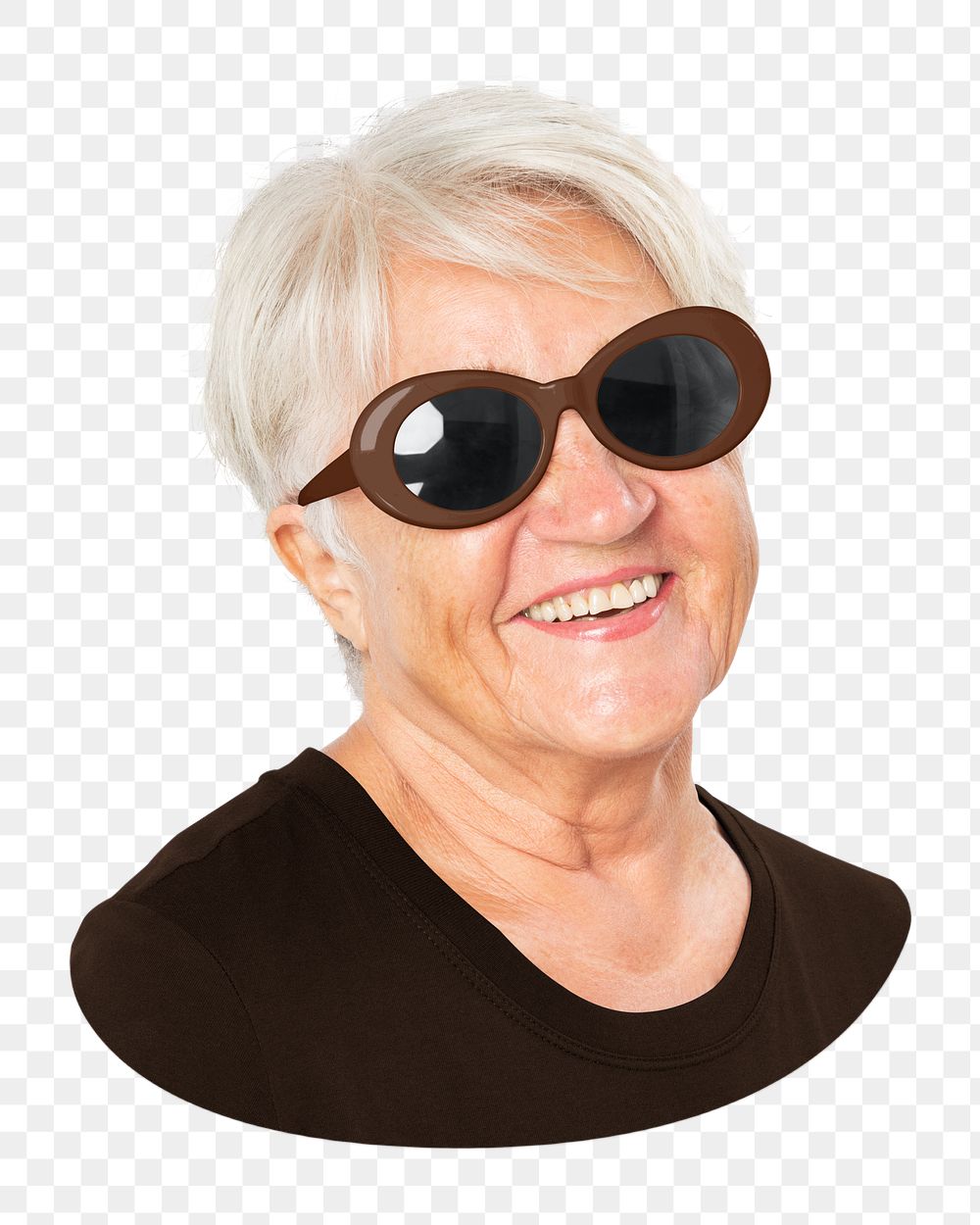 Png happy senior woman, black sunglasses, summer apparel, transparent background