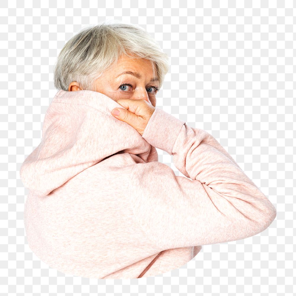 Senior woman in pink hoodie, transparent background
