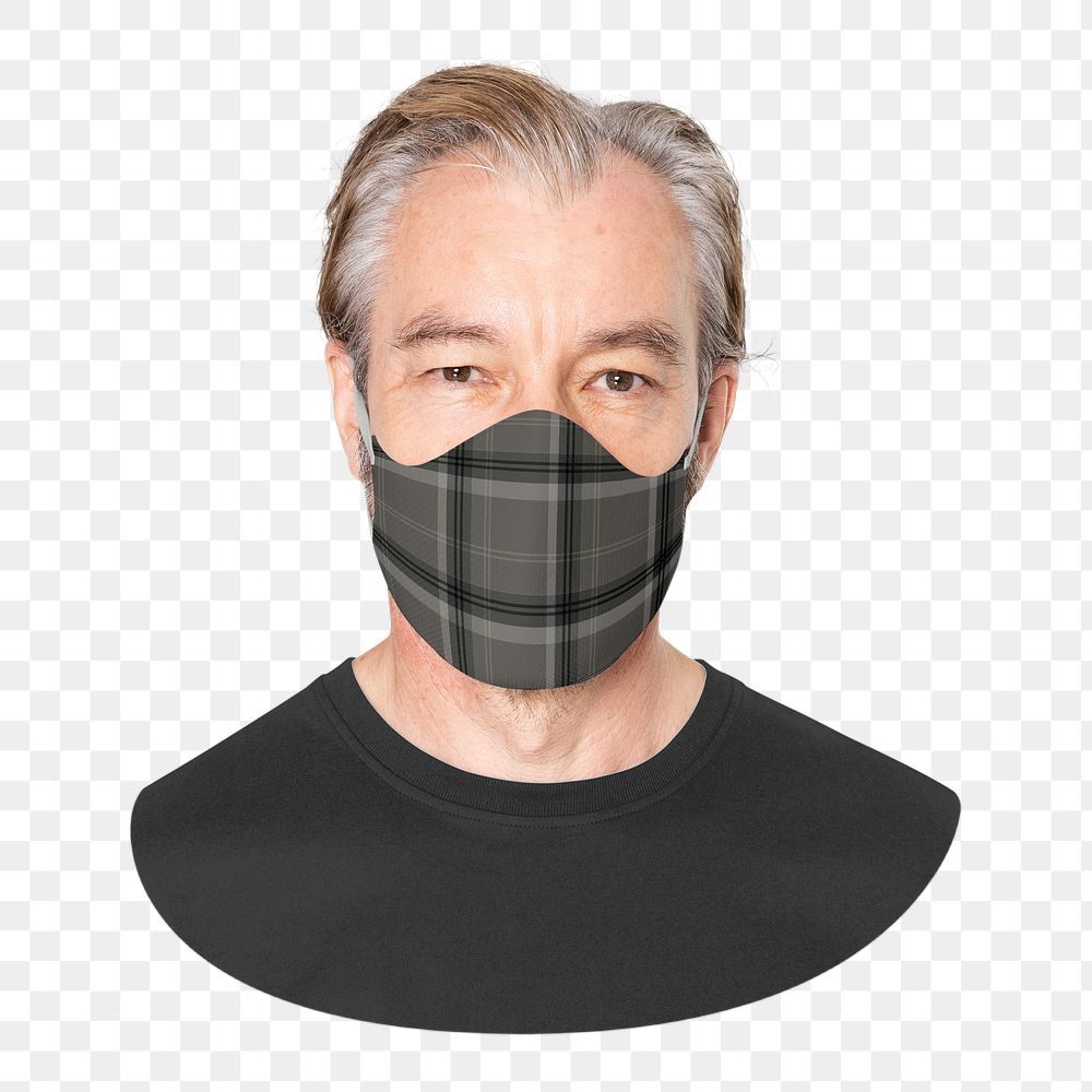 Mature man png face mask, plaid, transparent background