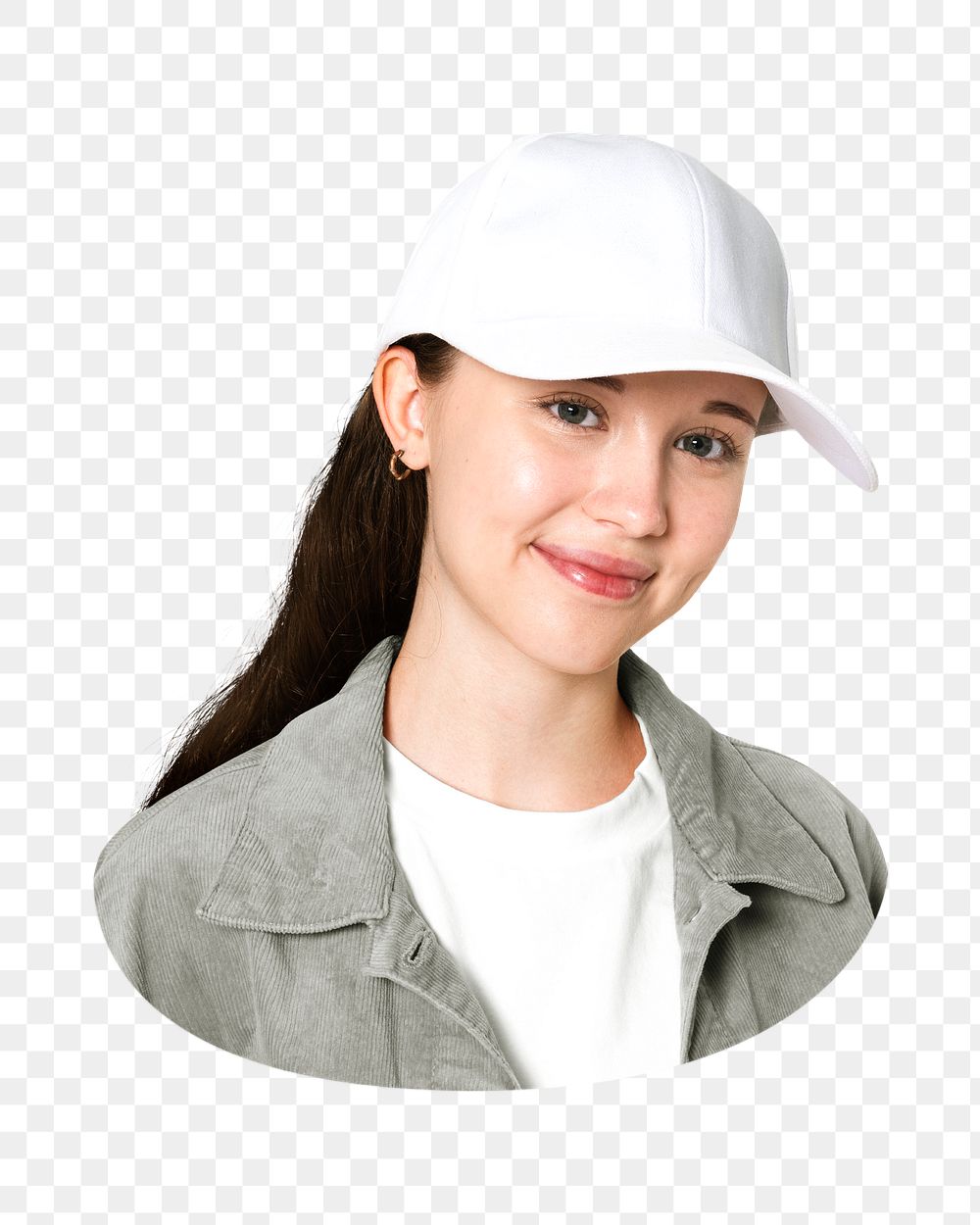 Png girl in white cap and jeans jacket, transparent background