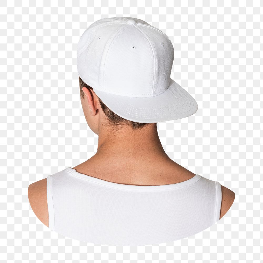 Png man in white snapback cap, rear view, transparent background