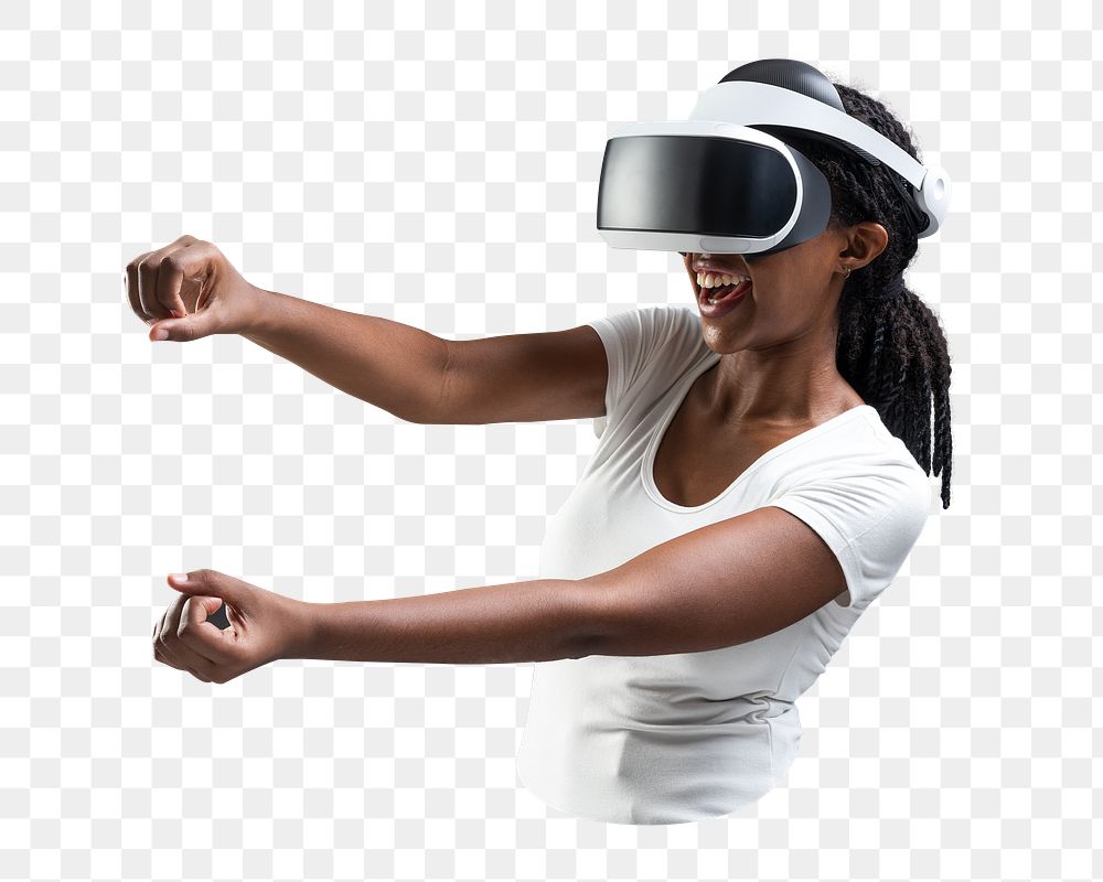 Png woman playing VR racing game, transparent background