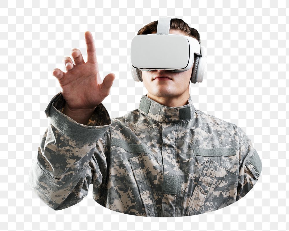 Military officer in VR headset, transparent background