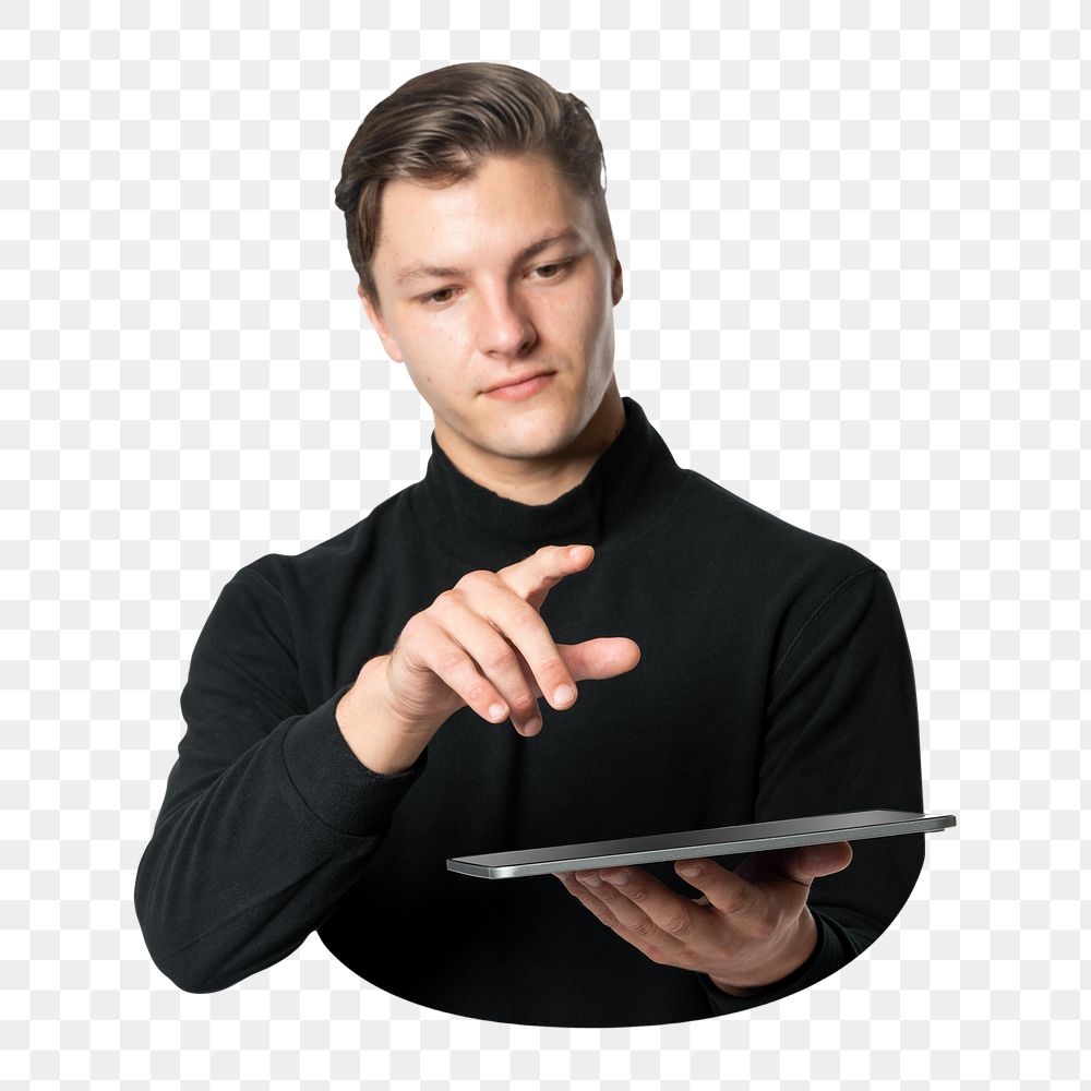Png man using digital tablet, transparent background