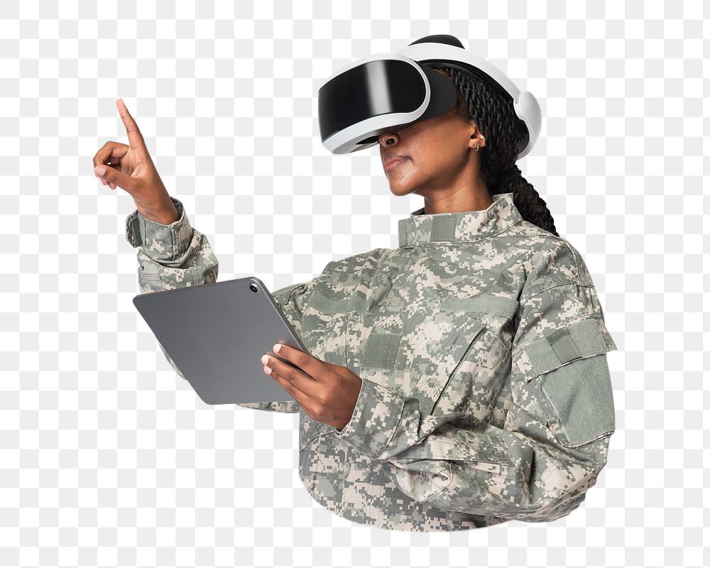 PNG Female soldier using tablet with VR headset, transparent background