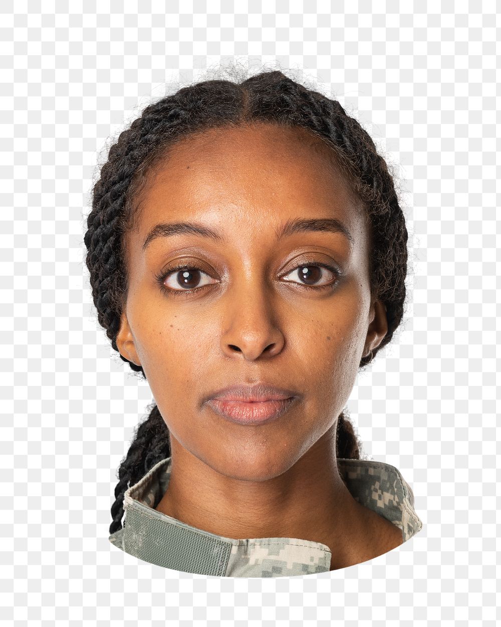 Female soldier close up png, transparent background
