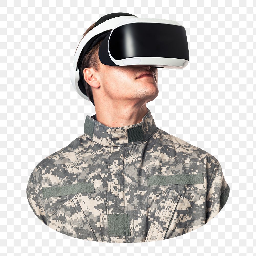 Military officer in VR headset png, transparent background