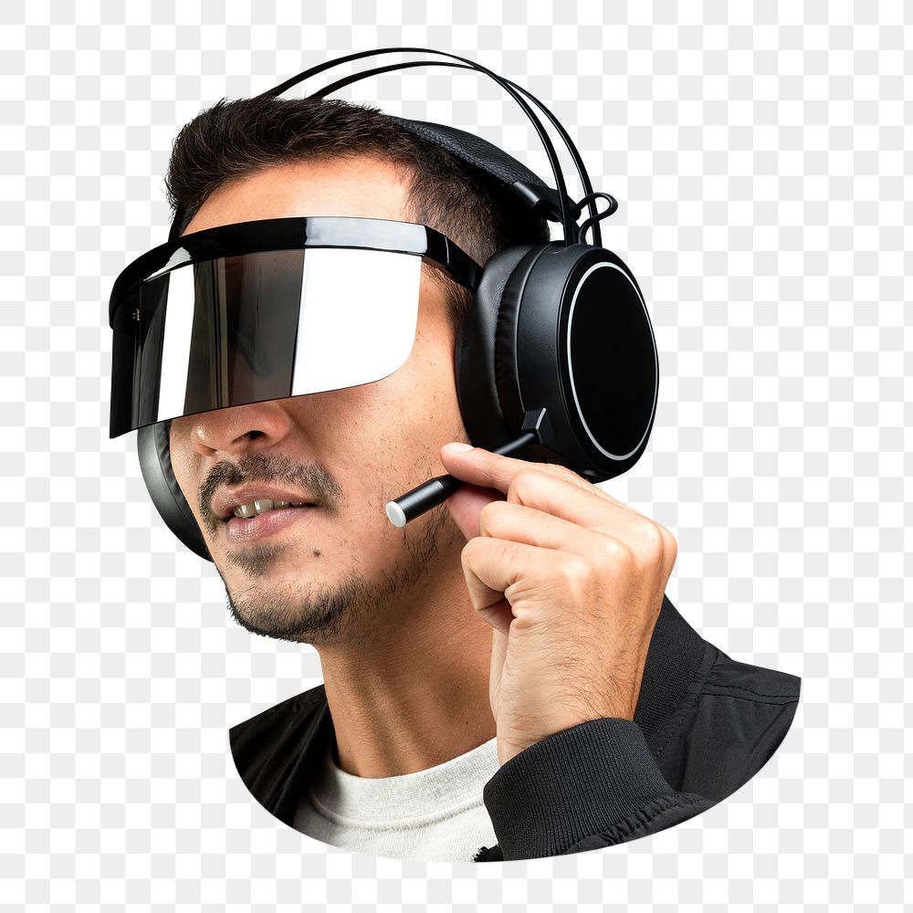 Man png wearing headphones and smart glasses, transparent background