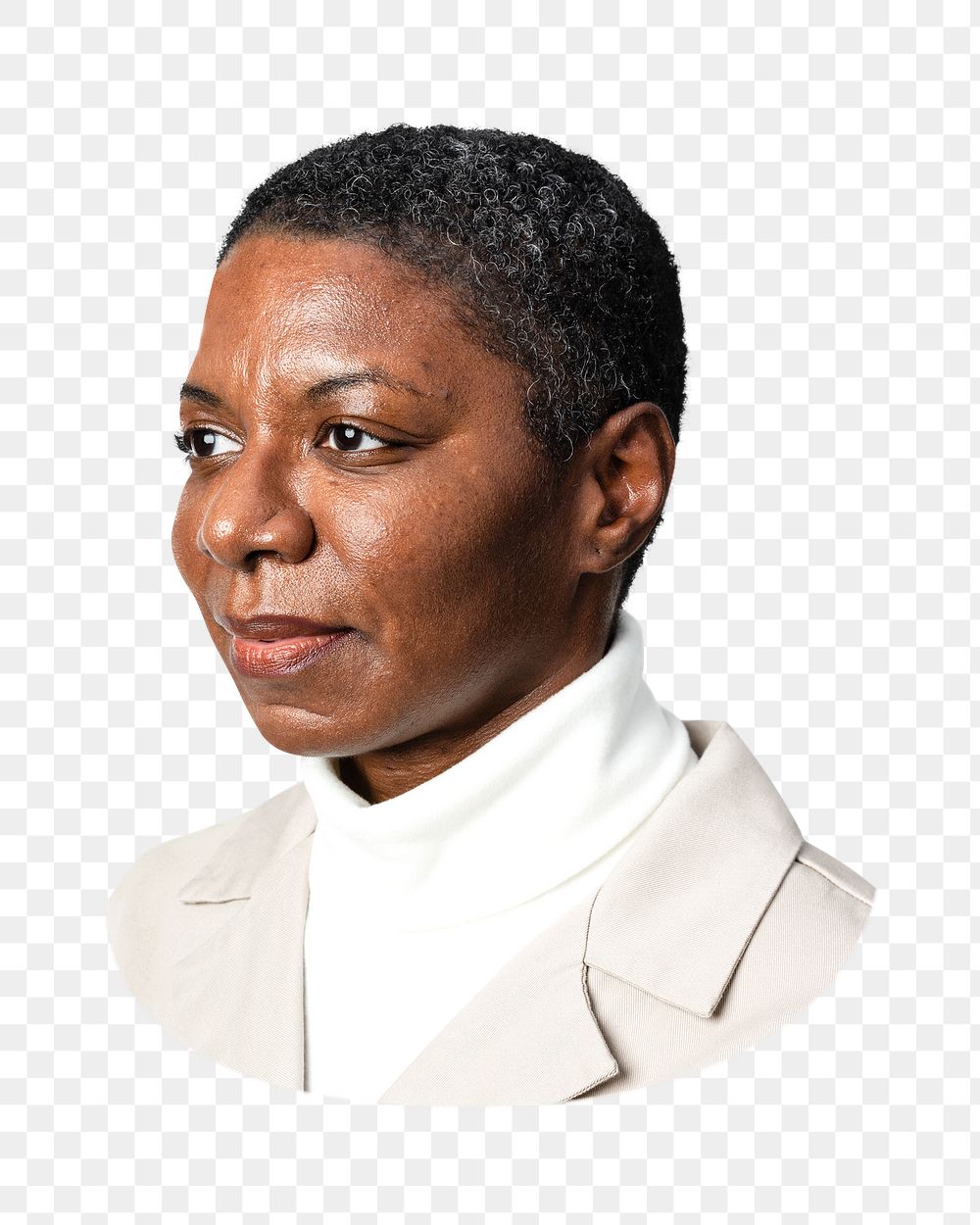 Png African American woman in beige shirt, side view, transparent background