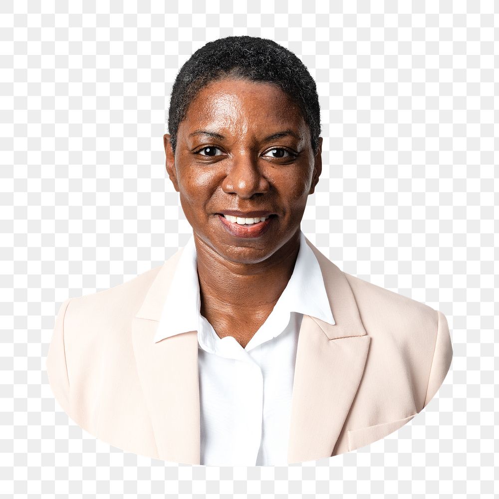 Png African American woman in beige shirt, front view, transparent background