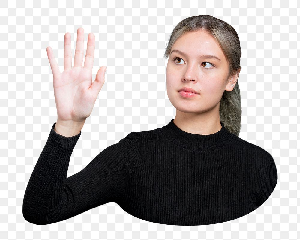 Png woman doing palm scan gesture, transparent background
