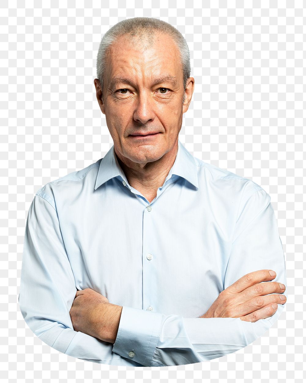 Png thoughtful senior man in a light blue shirt, transparent background