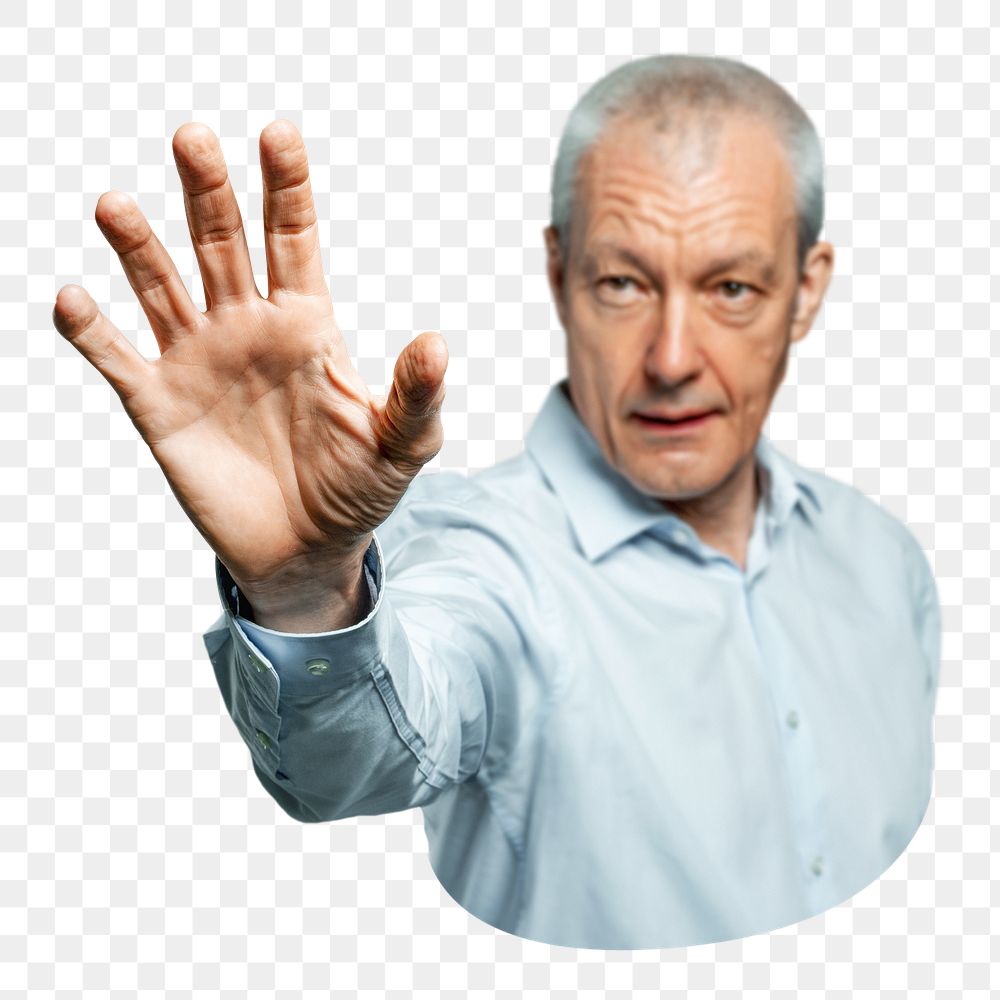 Png senior man using invisible screen, transparent background
