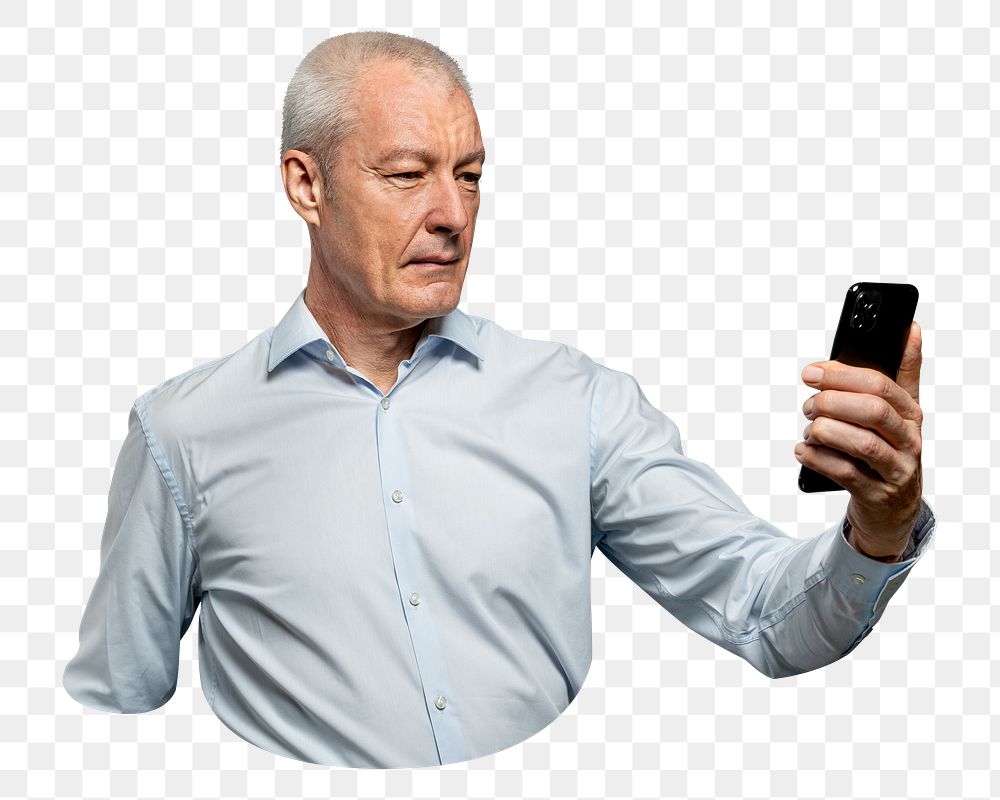 Png businessman scanning his face to unlock phone, transparent background