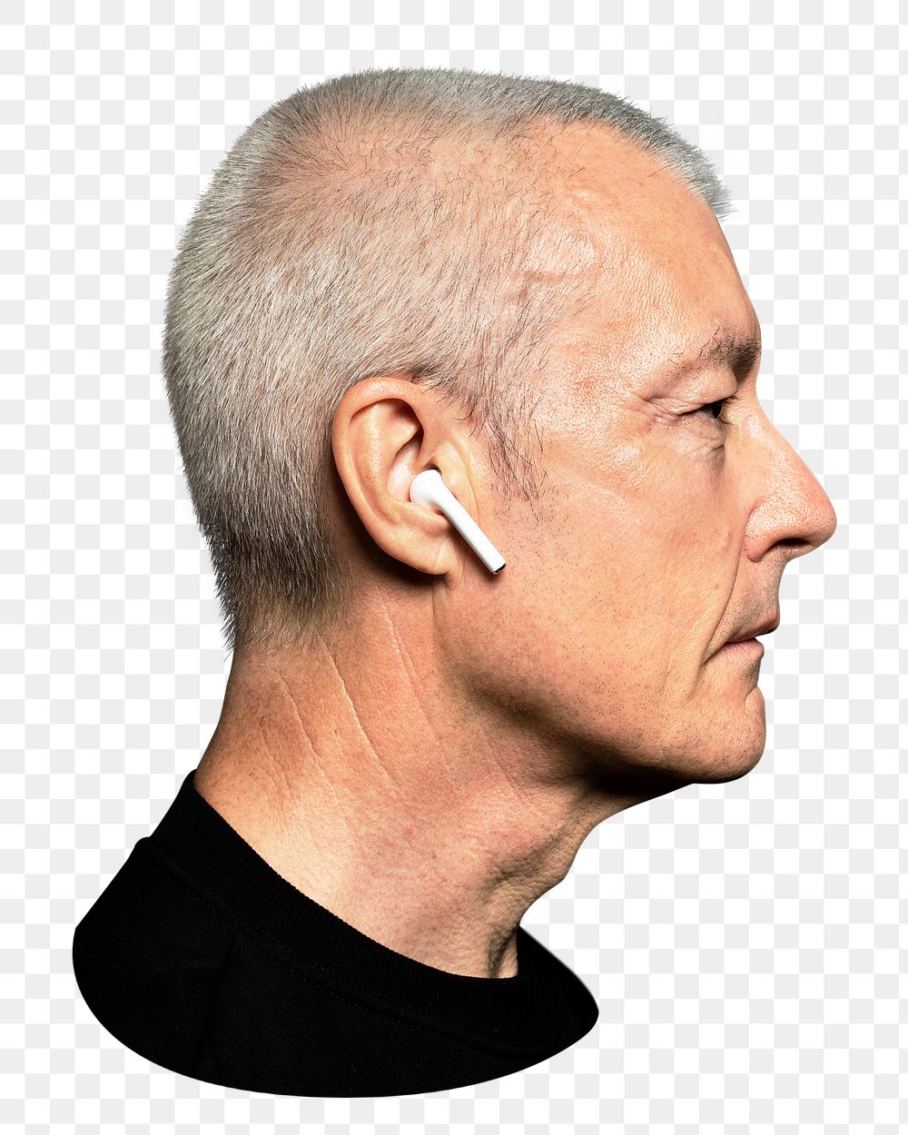 Senior man png with wireless earphones, transparent background