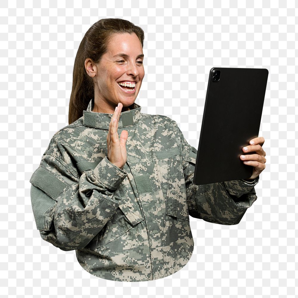 Female soldier png using tablet, transparent background