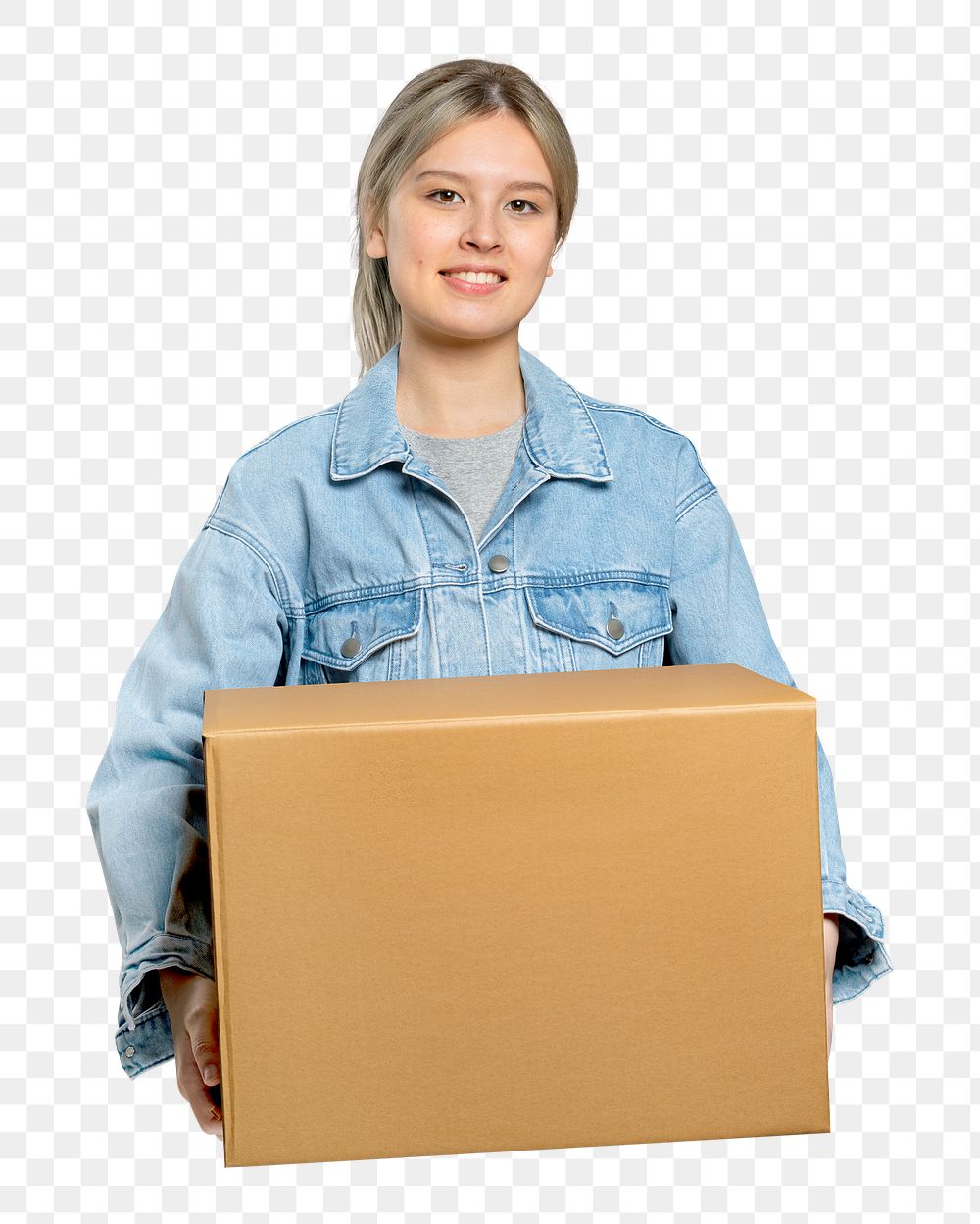 PNG Woman carrying a moving box, collage element, transparent background