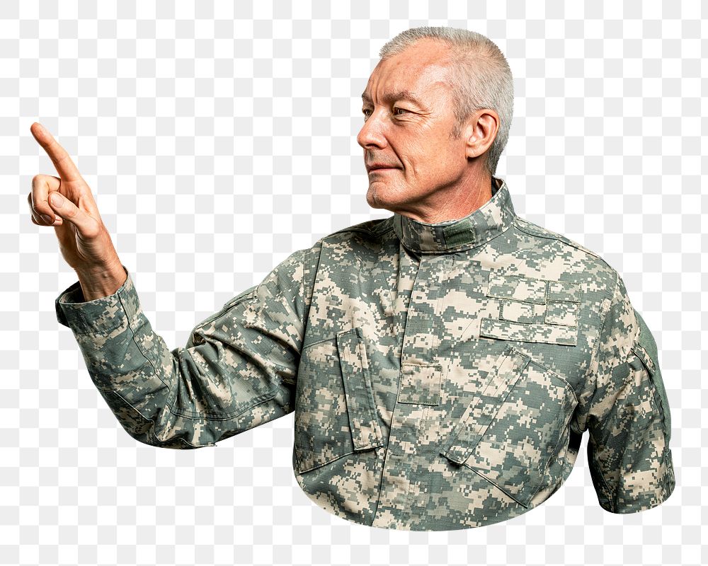 Male soldier png pressing index finger on an invisible screen, transparent background