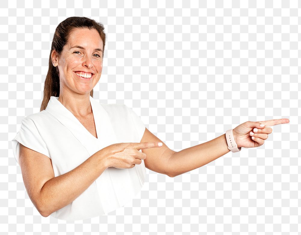 Female presenter png pointing finger to the right hand side, transparent background