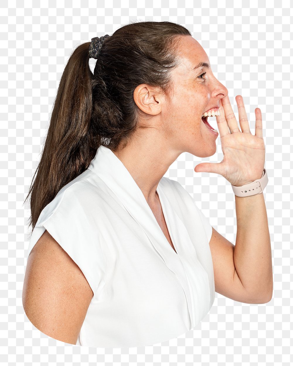Woman shouting png, side view, transparent background
