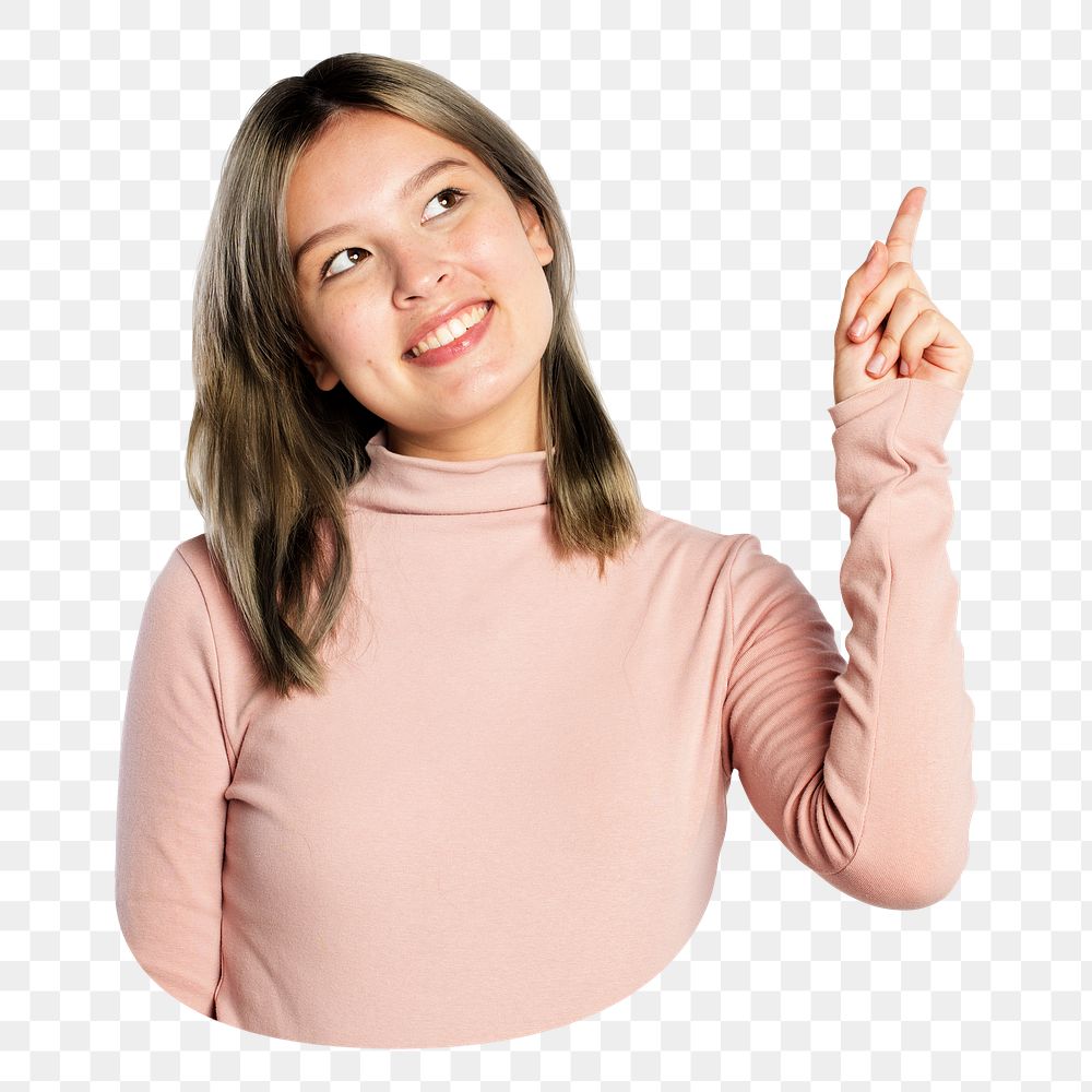 Woman png in pink turtleneck pointing up ,transparent background