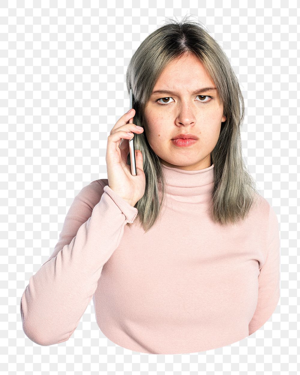 Annoyed woman png on a call, transparent background