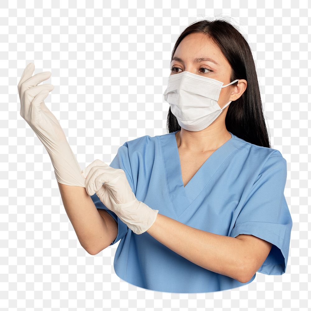 PNG Female doctor wearing medical gloves, collage element, transparent background