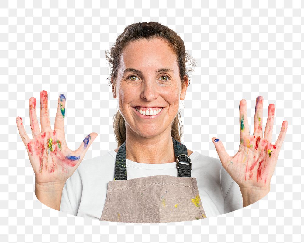 Png female artist in an apron with messy hands, transparent background