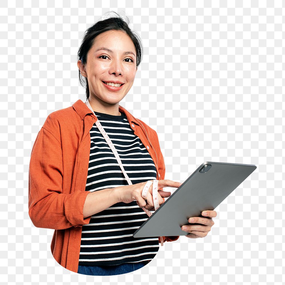 Asian Woman png using tablet, transparent background