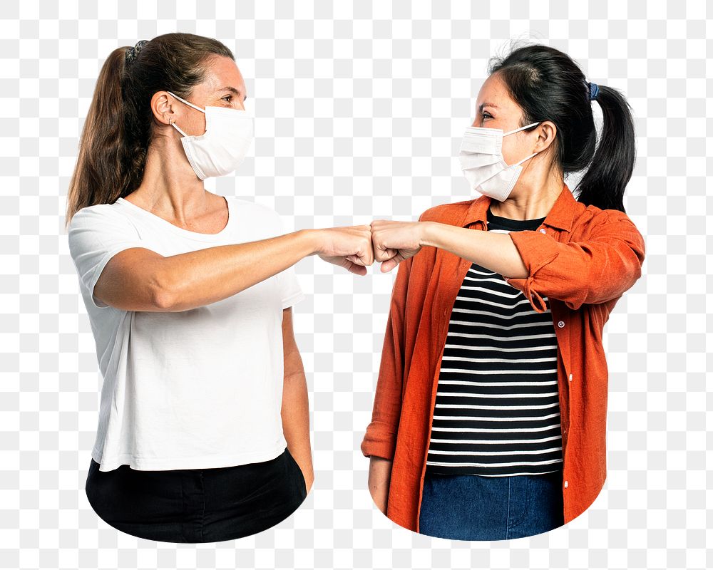 Women png with face masks fist bumps, transparent background