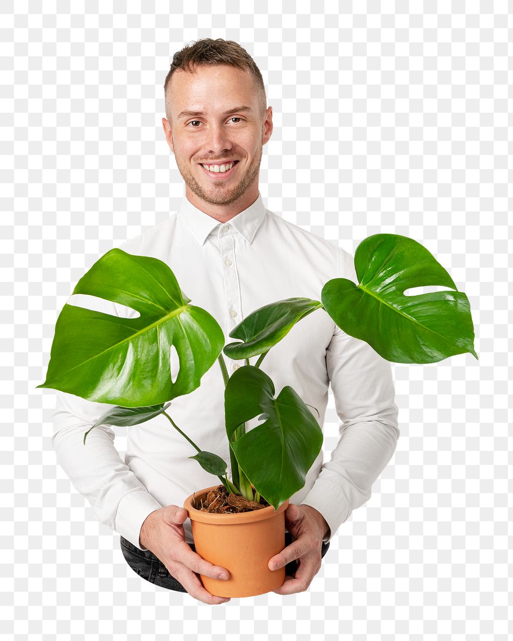 Man holding houseplant png, transparent background