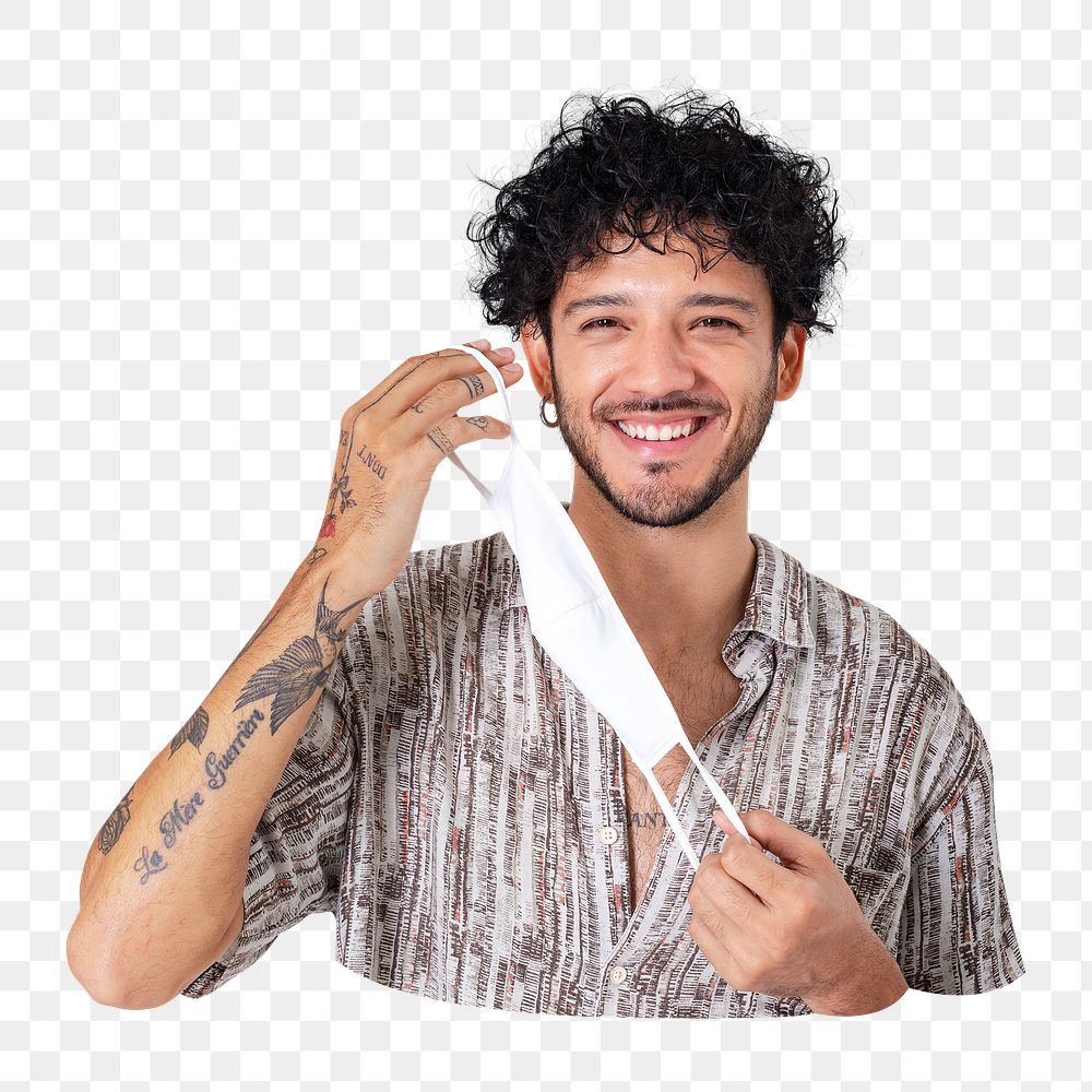 PNG  Man taking mask off during the new normal, transparent background