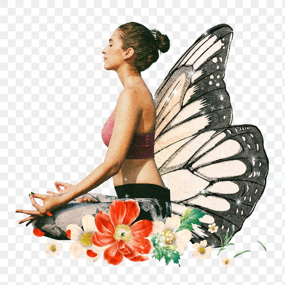 Butterfly yoga png sticker, mixed media transparent background