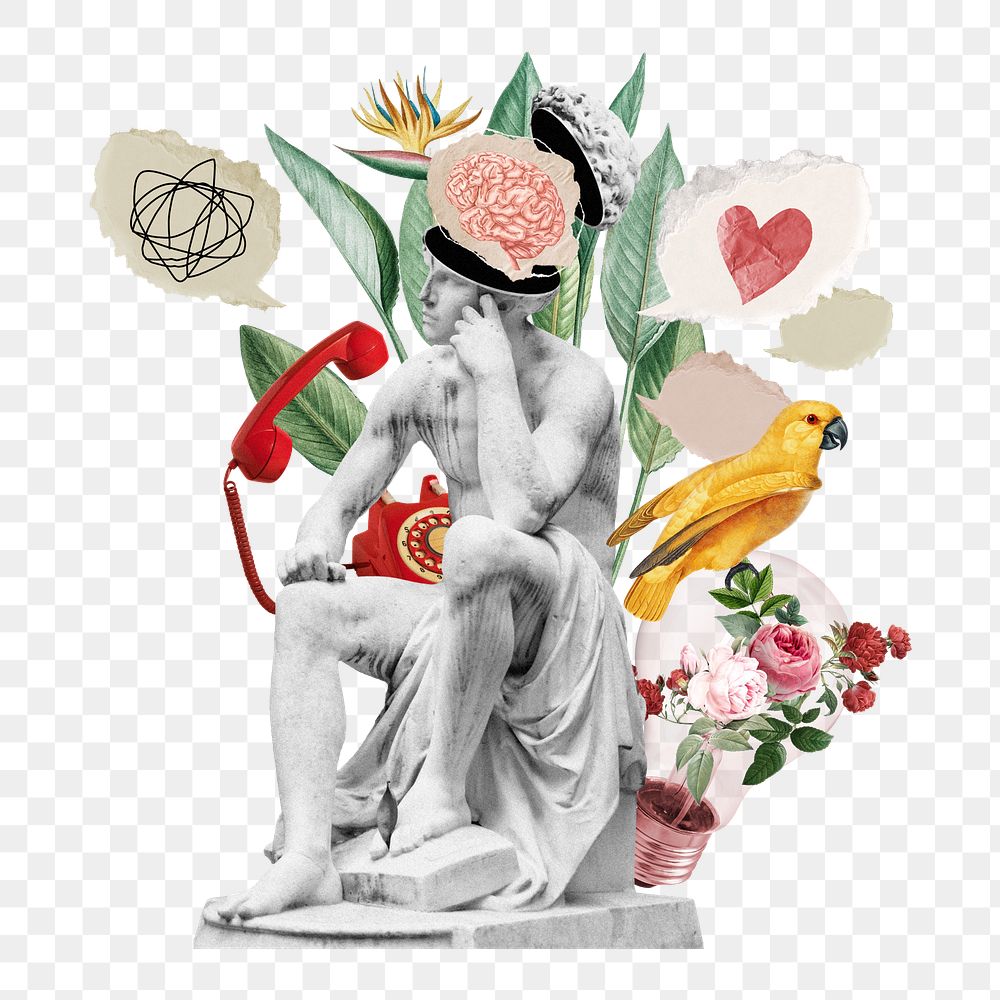 Pondering statue png sticker, mixed media transparent background