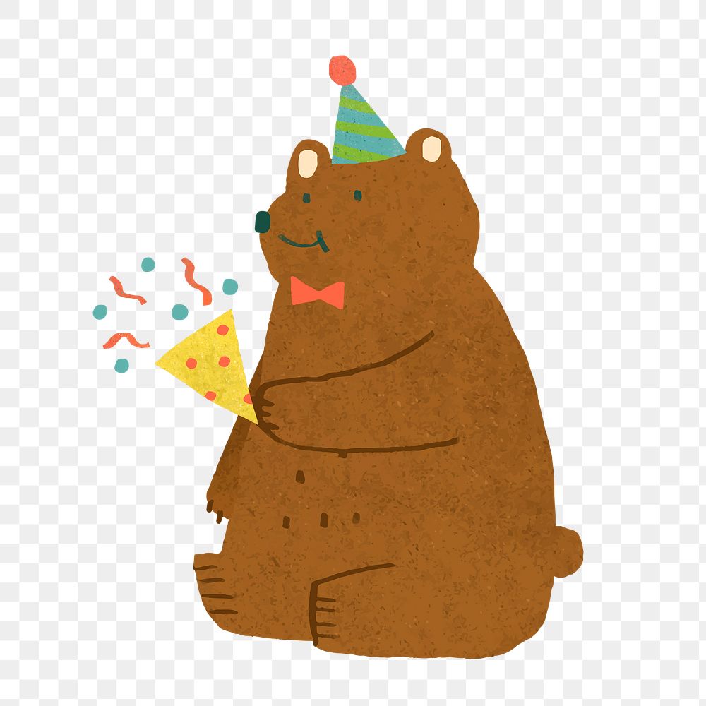 Cute brown bear png clipart, birthday illustration, transparent background