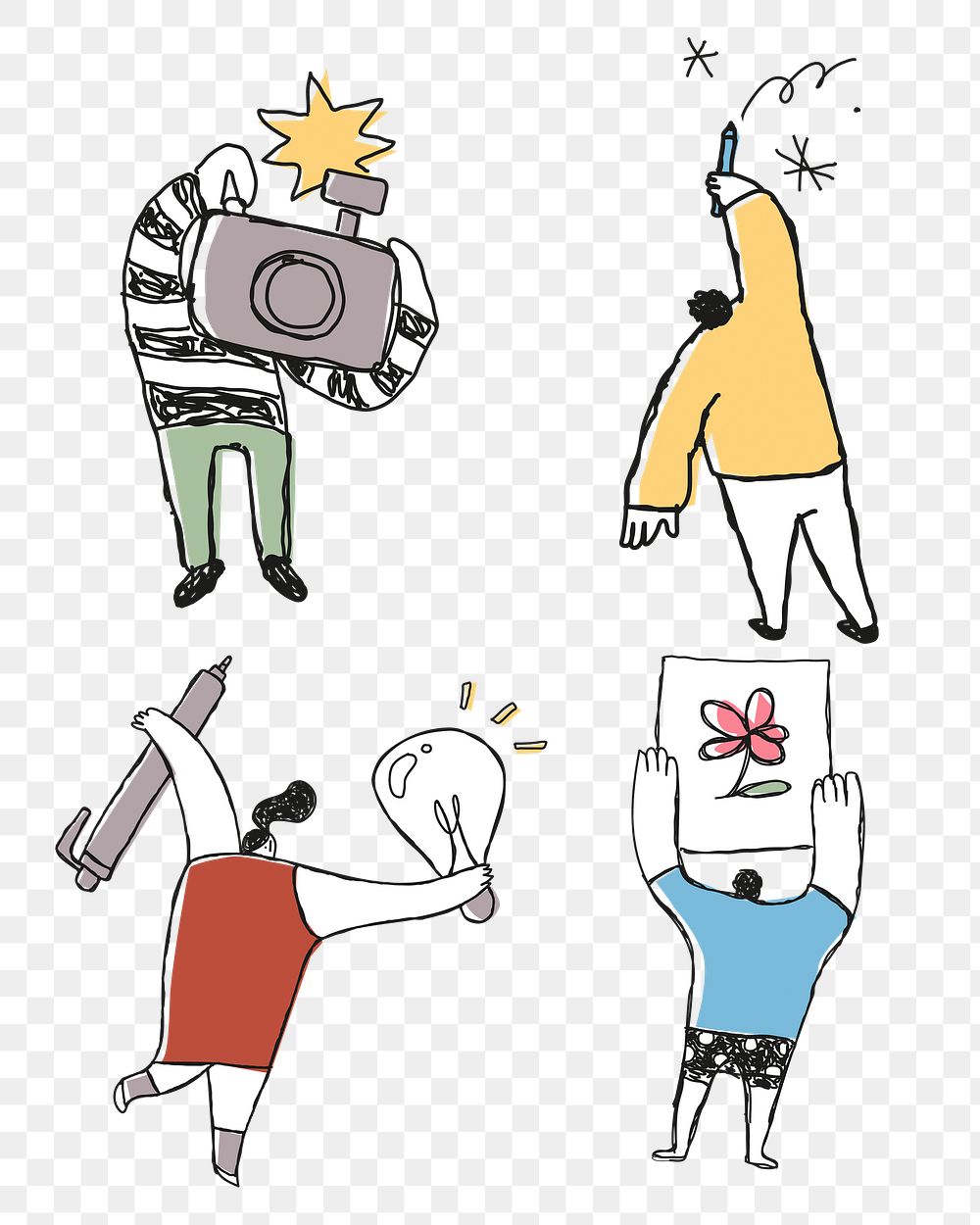 People holding their creativity png cute doodle icons set
