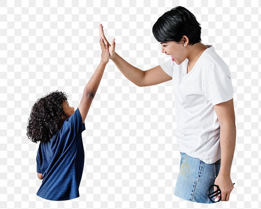 Son high-fiving mom png, transparent background