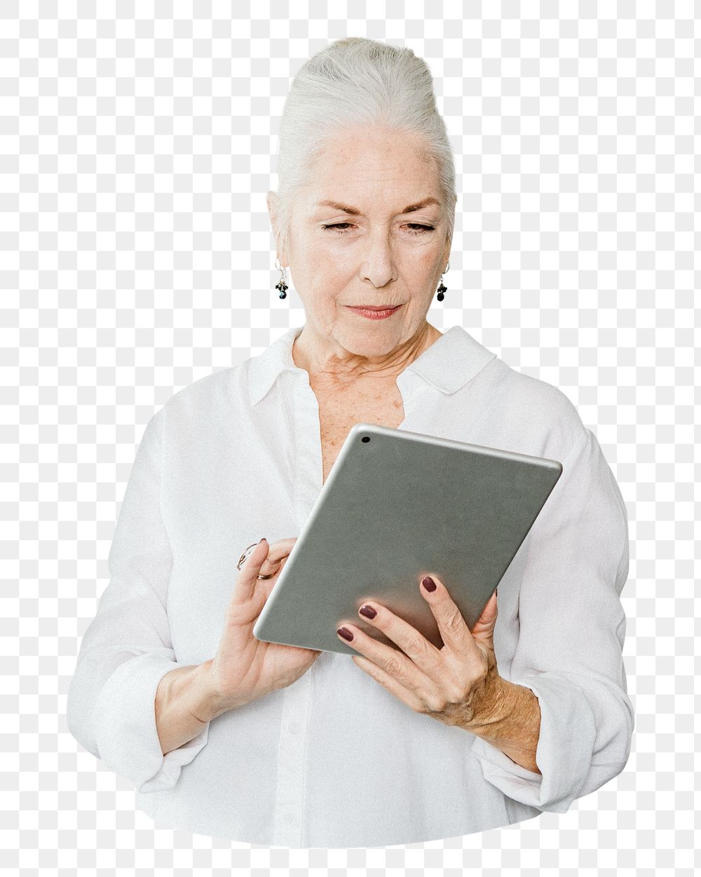 Png senior woman using tablet, isolated collage element, transparent background