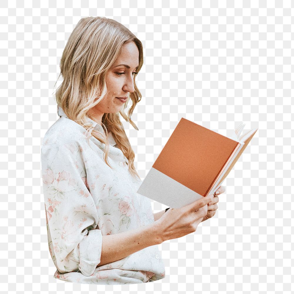 Women reading book png, transparent background